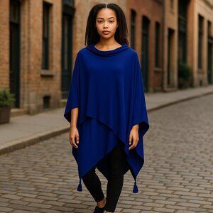 Shana Indigo Blue One Size Fits Most Cozy Poncho Style Sweater Tassels